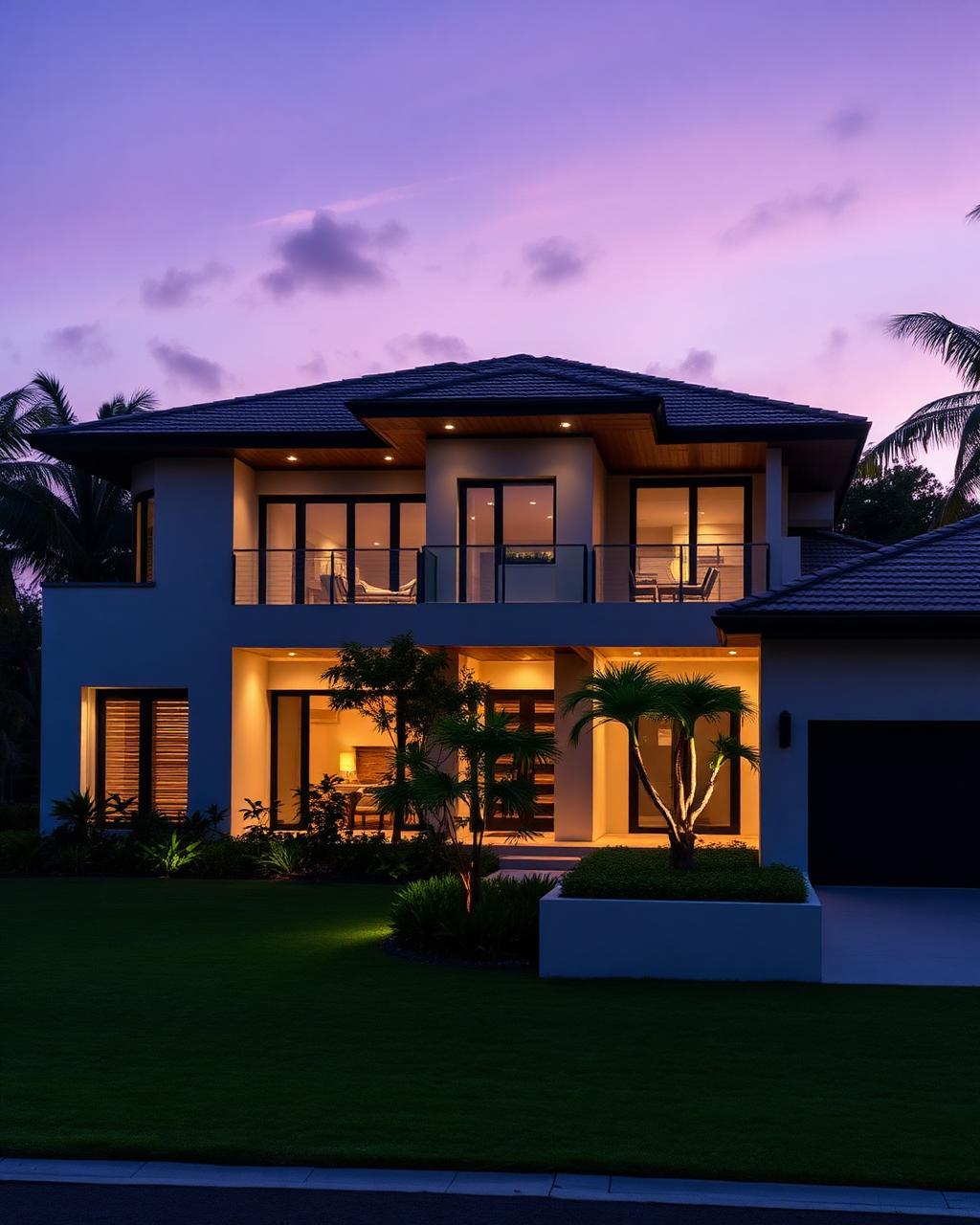 Modern Liberian villa exterior at dusk