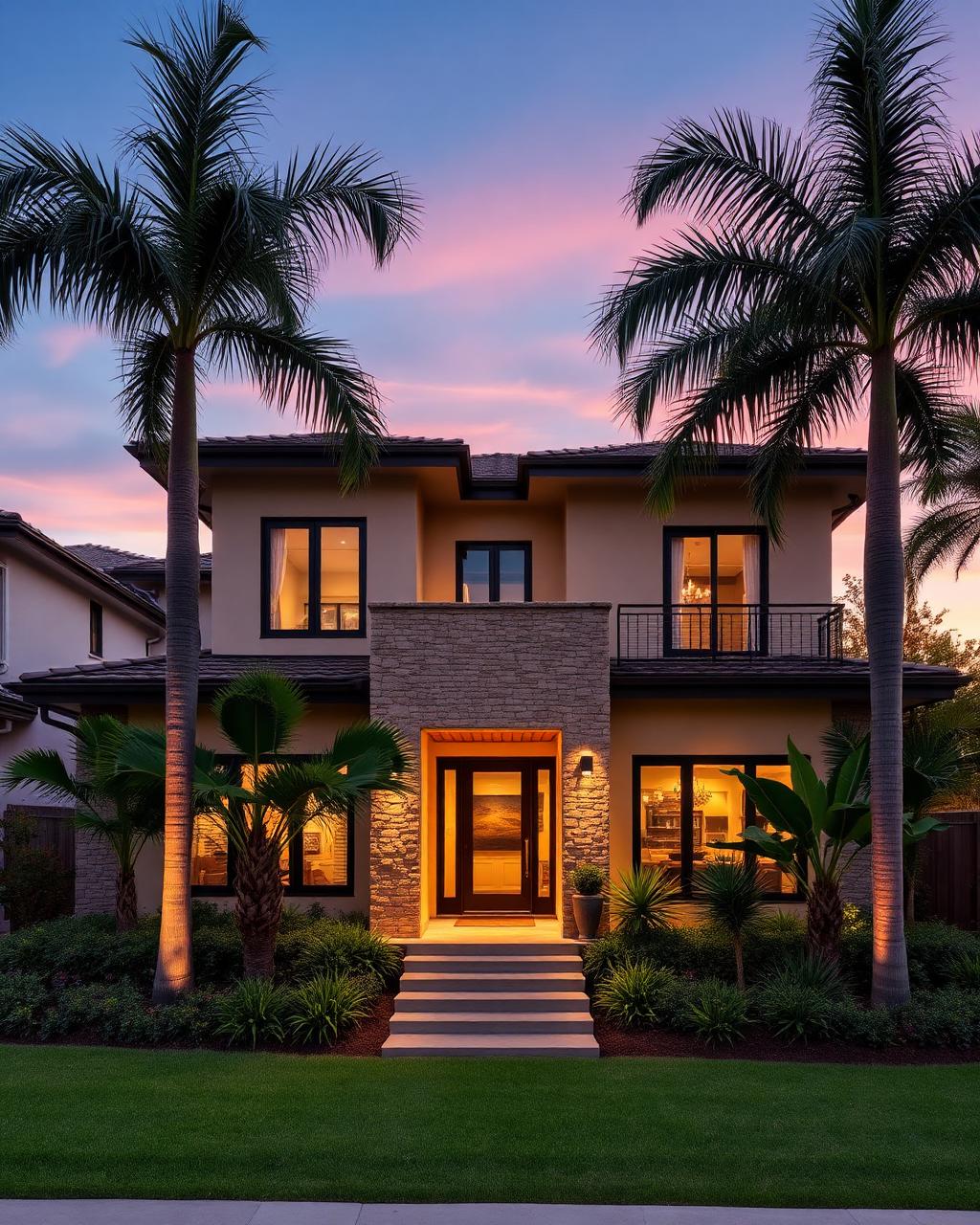 Two-story custom home with tropical landscaping